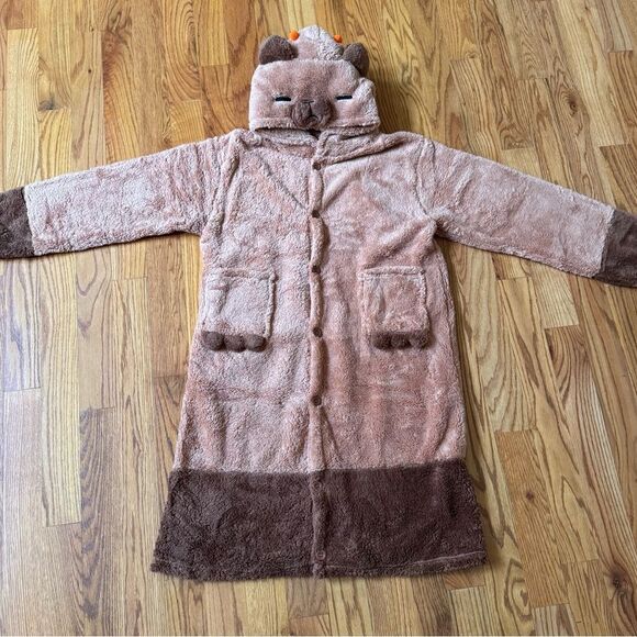 NWOT Cozy Brown Bear Hoodie Robe with Orange Accents - Picture 5 of 12